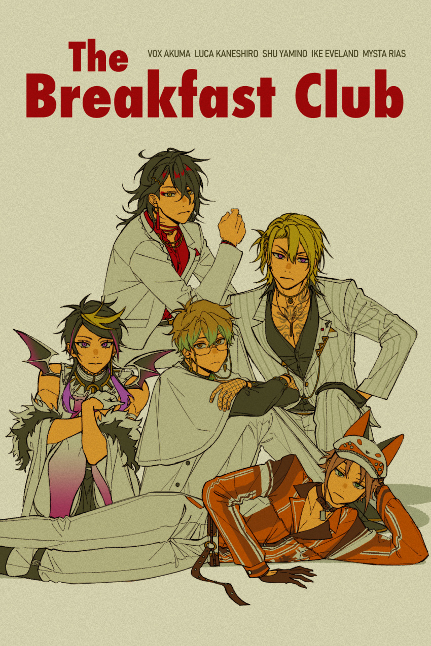 5boys, animal_ears, animal_hat, babyseven_77, bare_shoulders, belt, black_hair, black_shirt