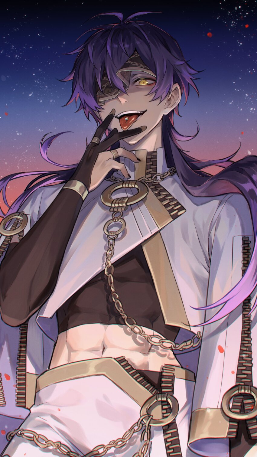 1boy, :p, absurdres, bishounen, black_gloves, eyeliner, fingerless_gloves, gem