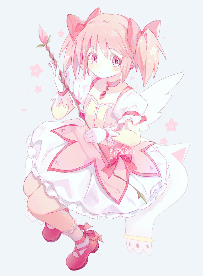 1girl, absurdres, angel_wings, bow, bubble_skirt, buttons, choker, colored_eyelashes, dress, dress_bow, floral_print, footwear_bow, frilled_dress, frilled_skirt, frilled_sleeves, frilled_socks, frills, from_above, full_body, gloves, hair_bow, highres, holding, holding_wand, invisible_chair, kaname_madoka, kaname_madoka_(magical_girl), looking_at_viewer, magical_girl, mahou_shoujo_madoka_magica, pink_background, pink_choker, pink_dress, pink_hair, pink_shoes, pink_theme, puffy_short_sleeves, puffy_sleeves, shatang_wei_xing_cheng, shoes, short_hair, short_sleeves, short_twintails, signature, simple_background, sitting, skirt, smile, socks, solo, twintails, wand, white_gloves, white_skirt, white_socks, wings