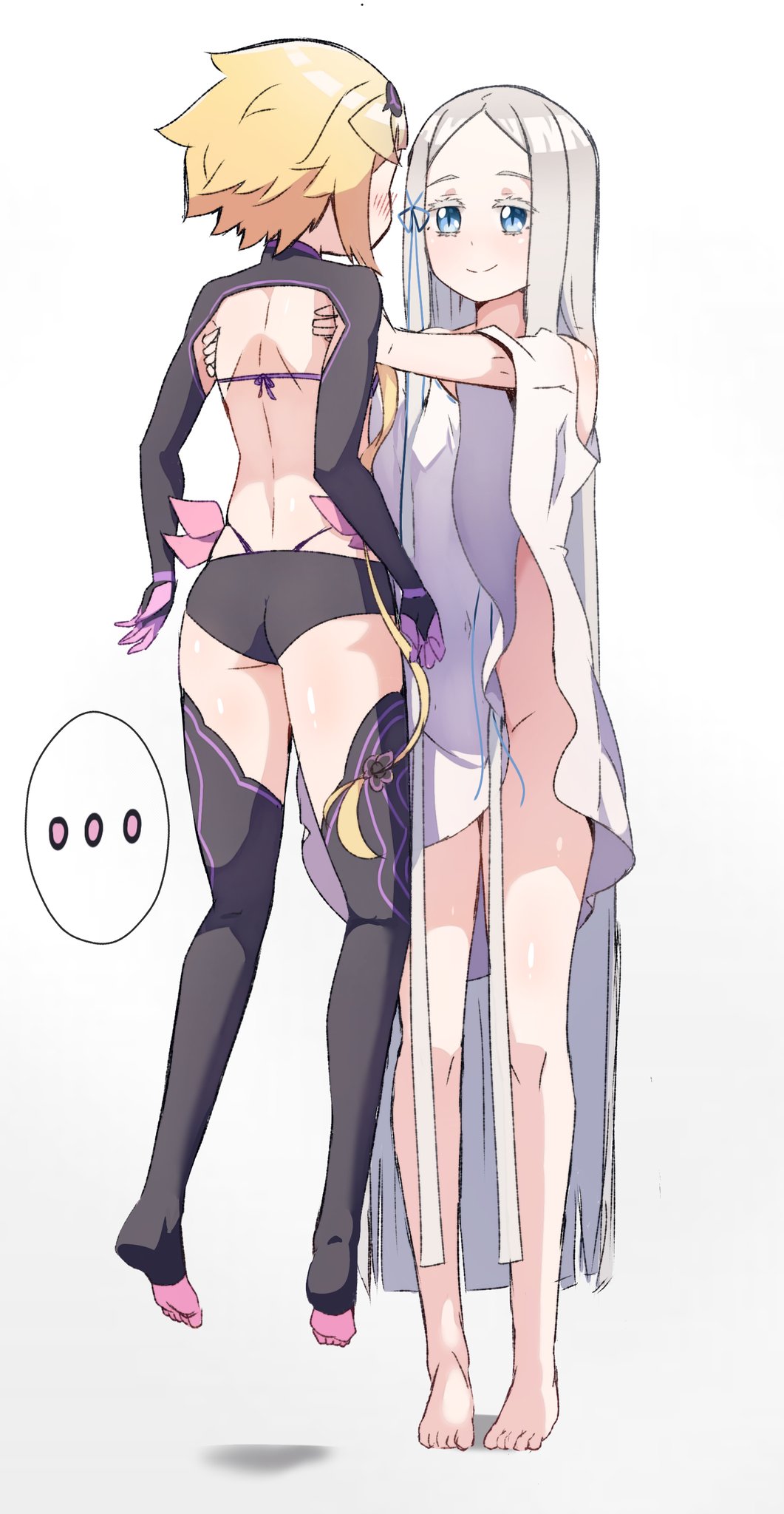 2girls, bikini, bikini_top_only, blonde_hair, blue_eyes, capella_emerada_lugnica, colored_eyelashes, dress, hanging_legs, highres, hotpants, lifting_person, loli, long_hair, multiple_girls, pandora_(re:zero), re:zero_kara_hajimeru_isekai_seikatsu, reverse_outfit, short_hair, swimsuit, thighhighs, very_long_hair, white_dress, white_eyelashes, white_hair, zerobarto