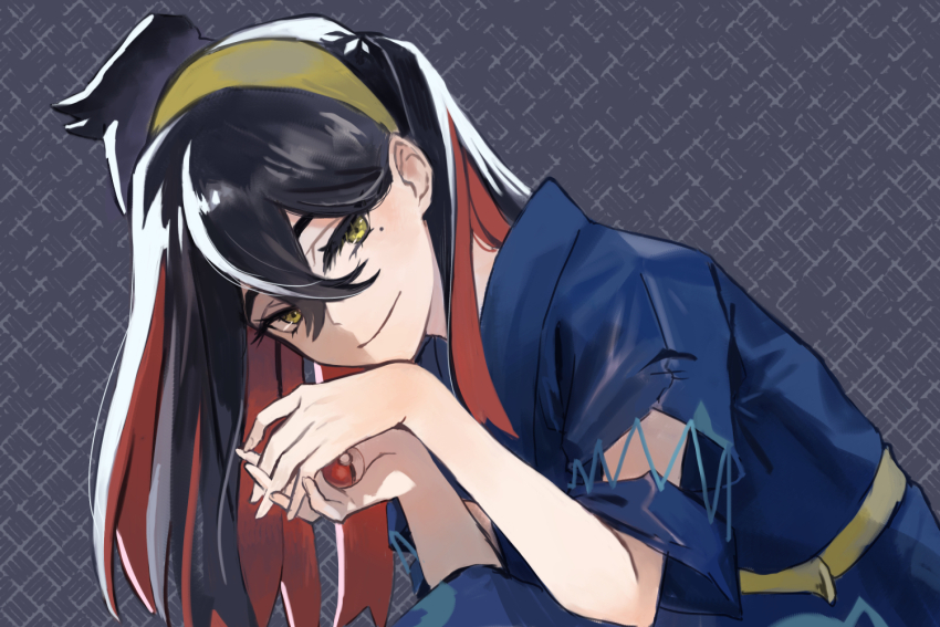 1girl, black_hair, carmine_(pokemon), colored_inner_hair, cross-laced_clothes, cross-laced_sleeves, crossed_bangs, eyelashes, hair_between_eyes, hairband, holding, holding_poke_ball, japanese_clothes, long_hair, mole, mole_under_eye, multicolored_hair, nintendo, poke_ball, poke_ball_(basic), pokemon, pokemon_scarlet_and_violet, red_hair, sidelocks, smile, solo, tian_zhi_shi_shi, two-tone_hair, yellow_eyes, yellow_hairband, yellow_headwear