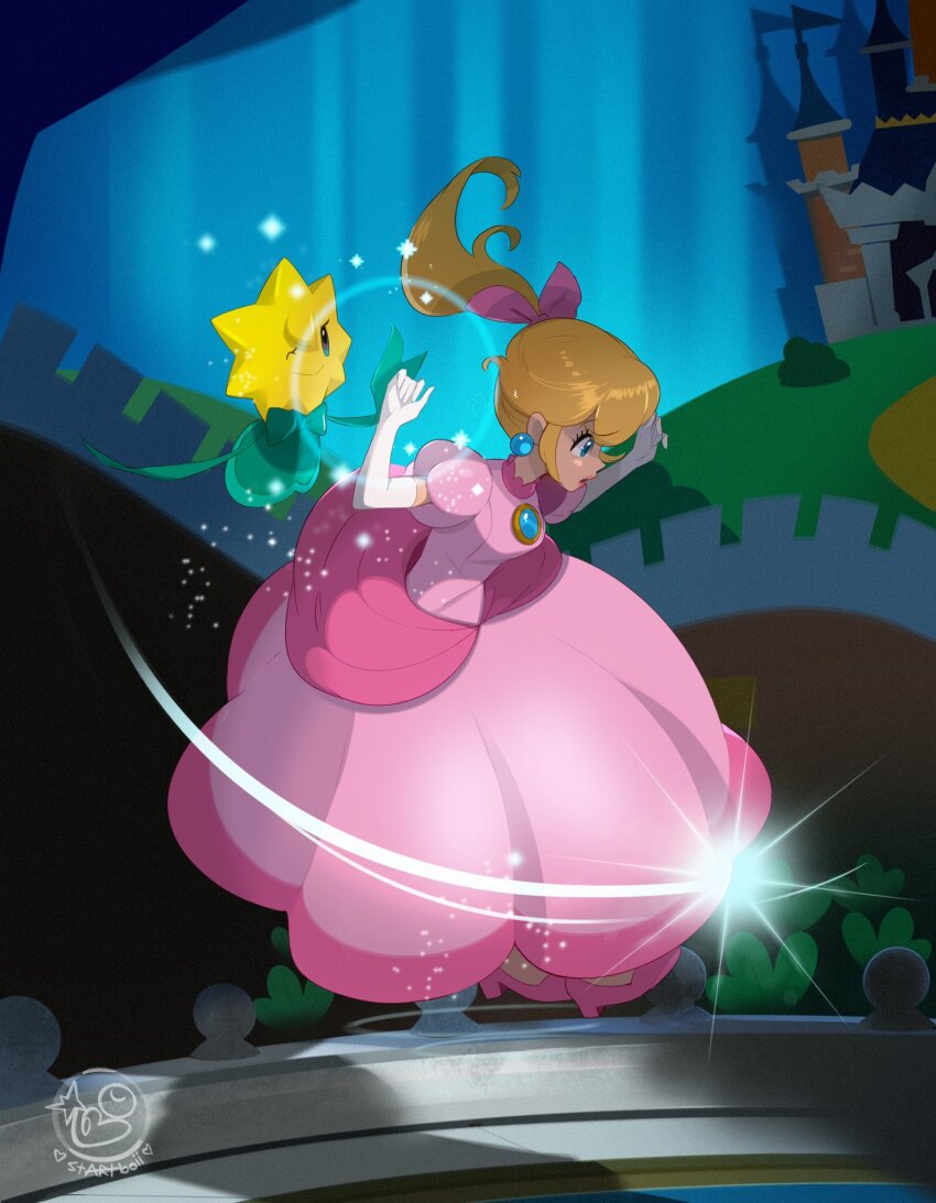 1girl, artist_name, blonde_hair, blue_eyes, blue_gem, bow, castle, closed_mouth