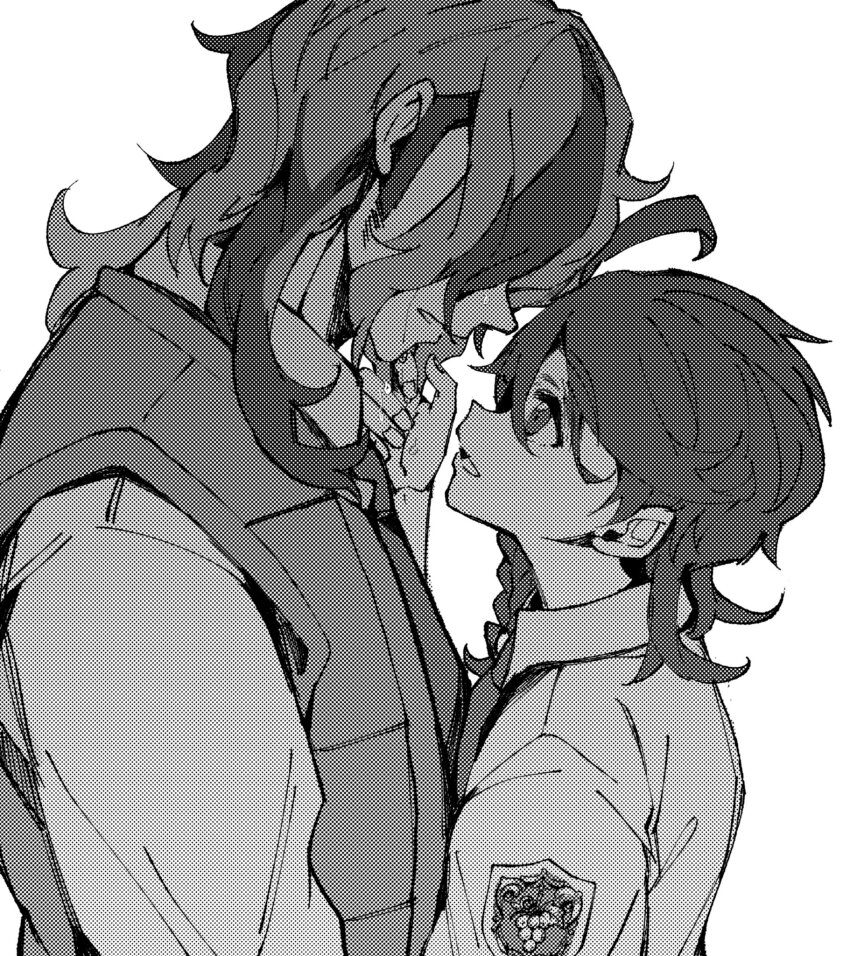 1boy, 1girl, arven_(pokemon), braid, collared_shirt, greyscale, highres, juliana_(pokemon)