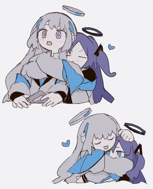 2girls, blue_archive, blush, closed_eyes, cropped_torso, grey_hair, halo, hand_on_another's_head