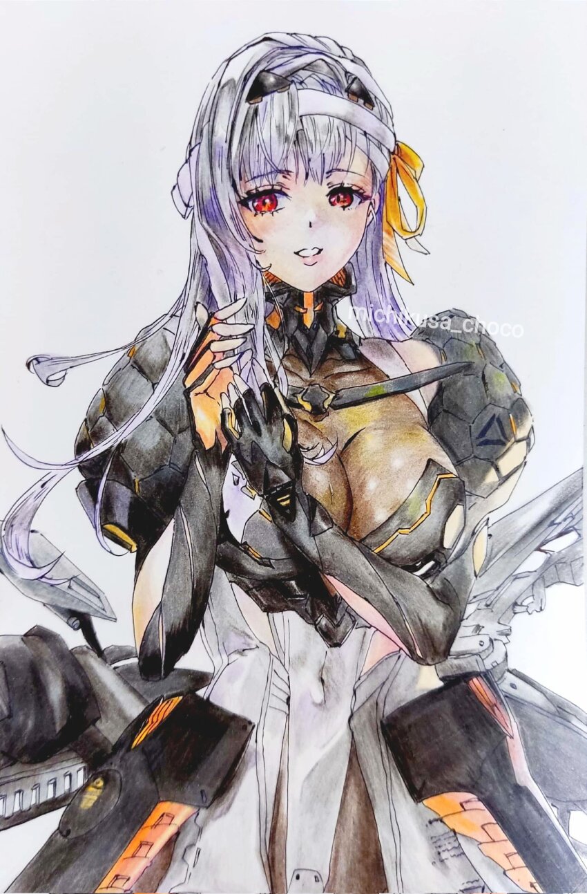 1girl, armor, bandaged_head, bandages, black_gloves, bodysuit, breasts, cleavage