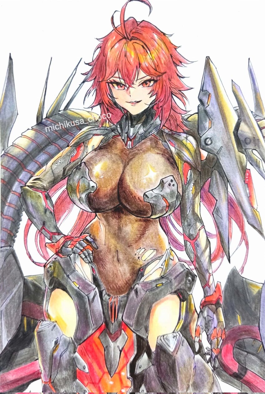 1girl, ahoge, antenna_hair, arm_armor, armor, armored_leotard, bodystocking, boobplate, breastplate, breasts, cleavage, colored_pencil_(medium), covered_navel, goddess_of_victory:_nikke, grin, hair_between_eyes, hand_on_own_hip, highres, huge_breasts, leotard, long_hair, looking_at_viewer, michikusa_choco, nihilister_(nikke), red_eyes, red_hair, see-through_clothes, see-through_cleavage, sidelocks, simple_background, smile, solo, torn_bodystocking, torn_clothes, traditional_media, twitter_username, upper_body, white_background