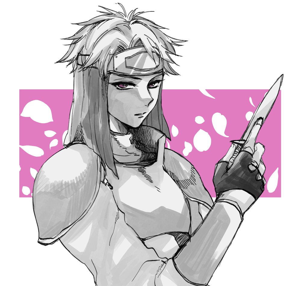 1girl, circlet, cleo_(suikoden), closed_mouth, fingerless_gloves, gensou_suikoden, gensou_suikoden_i, gloves, greyscale, headband, holding, holding_weapon, knife, looking_at_viewer, menosgland, monochrome, short_hair, shoulder_pads, solo, very_short_hair, weapon, white_background