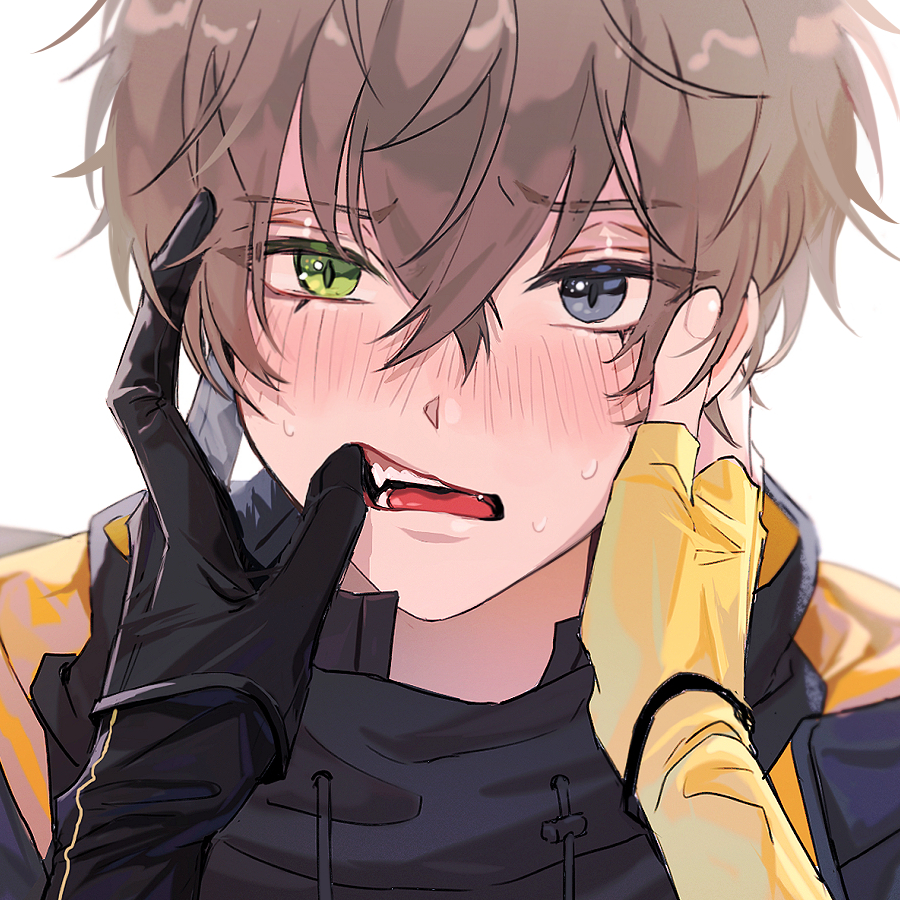 2boys, alban_knox, alban_knox_(1st_costume), asymmetrical_gloves, black_gloves, black_hoodie, blush, brown_hair