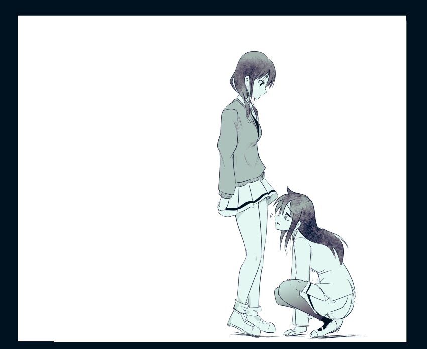 2girls, arm_support, bags_under_eyes, black_border, blazer, border, breasts, cardigan, commentary_request, female_pervert, greyscale, highres, implied_pantyshot, jacket, kuroki_tomoko, long_hair, long_sleeves, looking_at_another, looking_down, looking_up, low_twintails, miniskirt, monochrome, motion_lines, motomiki, multiple_girls, pantyhose, pervert, pleated_skirt, shoes, simple_background, skirt, small_breasts, socks, squatting, standing, tamura_yuri, twintails, uwabaki, watashi_ga_motenai_no_wa_dou_kangaetemo_omaera_ga_warui!, white_background, yuri