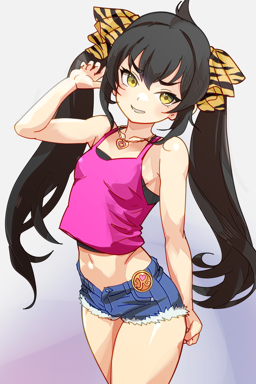 1girl, absurdres, bare_arms, bare_shoulders, black_hair, bow, camisole, commentary, cowboy_shot, denim, denim_shorts, grin, guchurimu_genrishugi, hair_bow, hand_up, heart, heart_necklace, highres, idolmaster, idolmaster_cinderella_girls, idolmaster_cinderella_girls_u149, jewelry, long_hair, looking_at_viewer, matoba_risa, midriff, navel, necklace, pink_camisole, shorts, smile, solo, teeth, twintails, yellow_eyes