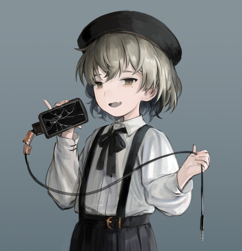 1girl, absurdres, audio_jack, bad_link, bags_under_eyes, beret, black_bow, black_bowtie