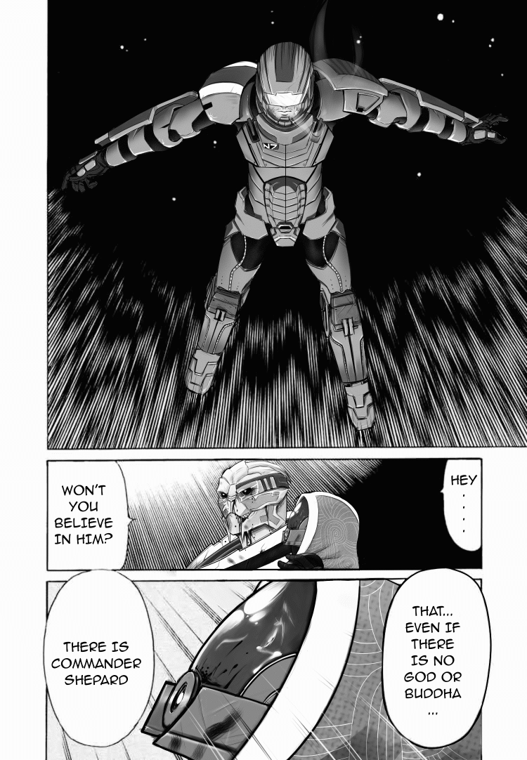 1girl, 2boys, alien, armor, comic, commander_shepard, commander_shepard_(male), english_text, facepaint, garrus_vakarian, greyscale, helmet, hood, kamen_rider, kamen_rider_spirits, looking_up, mandibles, mass_effect_(series), mass_effect_1, monochrome, multiple_boys, parody, quarian, space, tali'zorah, tears, third-party_edit, turian, visor