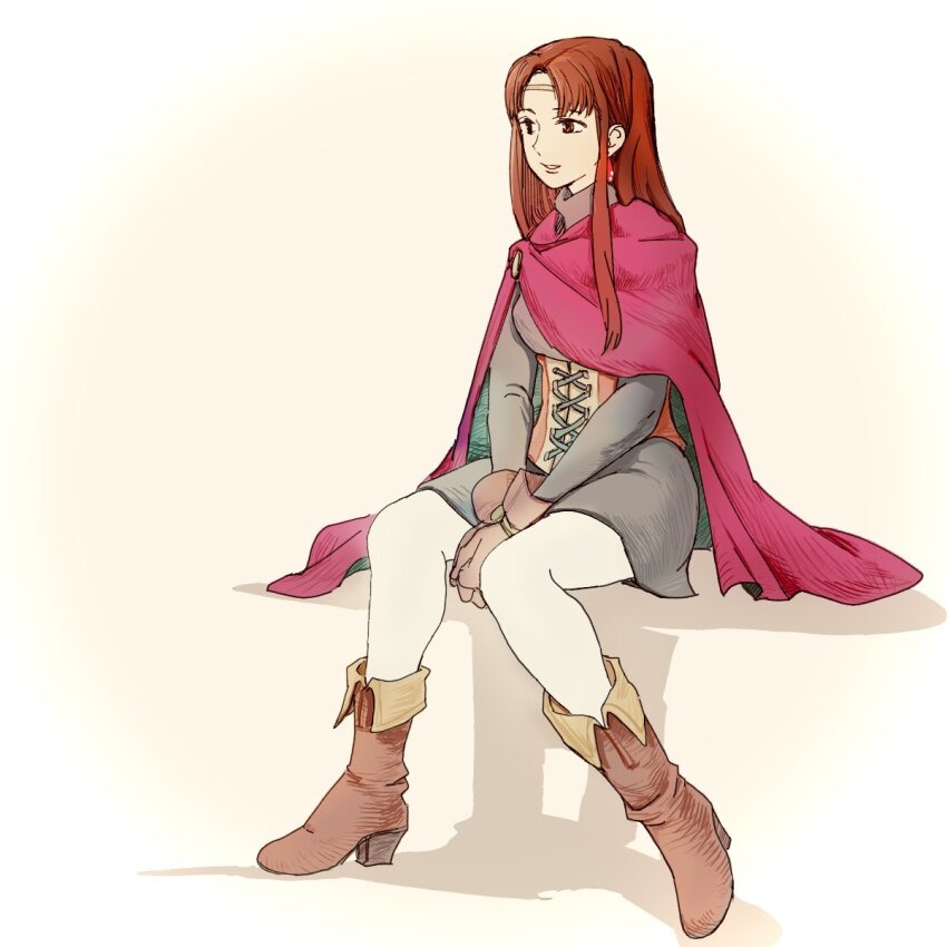 1girl, black_dress, boots, breasts, brown_boots, brown_hair, cape, circlet