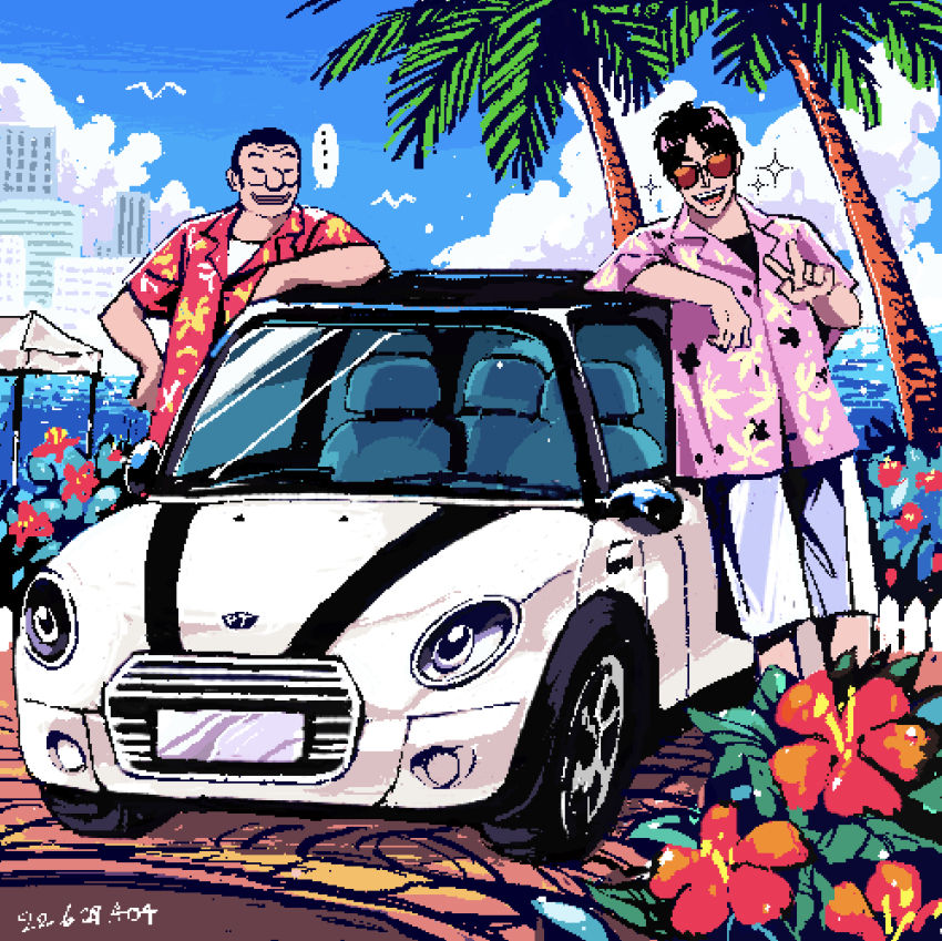 ..., 1-nichi_gaishutsuroku_hanchou, 2boys, artist_name, large_nose, black_hair, black_shirt, blue_sky