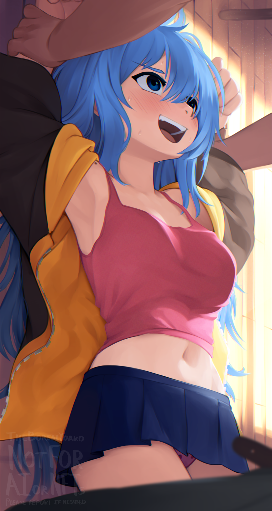 1girl, 1other, :d, armpits, arms_up, blue_eyes, blue_hair, blue_skirt, borrowed_character, breasts, commentary, elie_wayne, english_commentary, english_text, hair_between_eyes, highres, holding_another's_wrist, indoors, jacket, long_hair, medium_breasts, midriff, miniskirt, navel, open_clothes, open_jacket, open_mouth, original, panties, pantyshot, pink_panties, pink_skirt, pink_tank_top, pleated_skirt, skirt, smile, solo_focus, sweat, tank_top, underwear, very_long_hair, watermark, yoako, zipper
