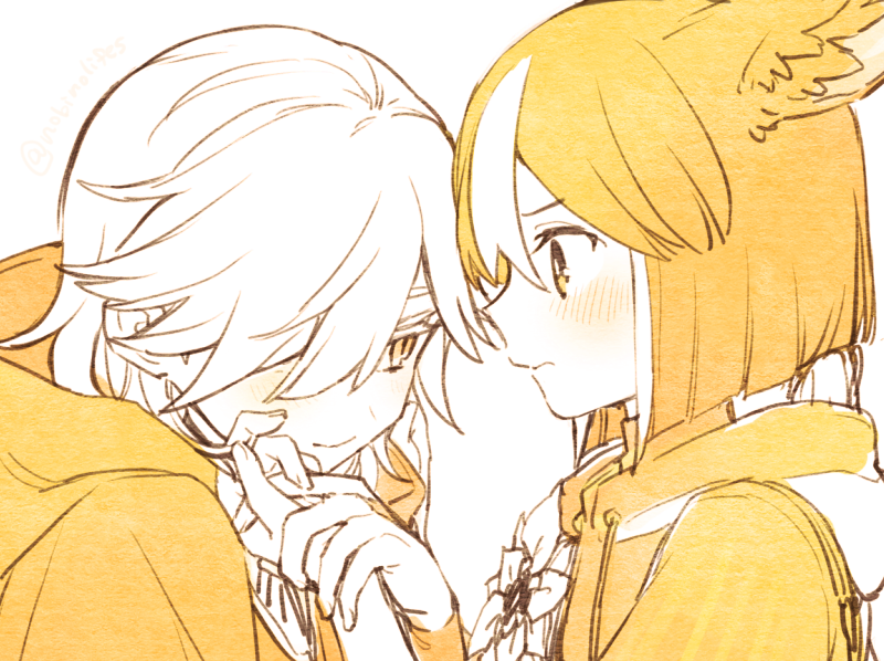 animal_ear_fluff, animal_ears, blush, cloak, cyno_(genshin_impact), eye_contact, flower, fox_boy