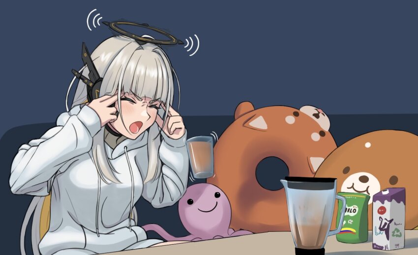 black_choker, blender_(object), blonde_hair, blunt_bangs, choker, closed_eyes, colored_inner_hair, commentary_request, drawstring, drink_carton, eru_nabura, finger_to_head, floating, floating_object, glass, hair_intakes, halo, headset, hood, hoodie, indie_virtual_youtuber, long_hair, long_sleeves, mechanical_halo, milk_carton, milo_(drink), multicolored_hair, open_mouth, sidelocks, spanish_commentary, stuffed_animal, stuffed_toy, virtual_youtuber, white_hair, white_hoodie, yof_(sc_gazer)