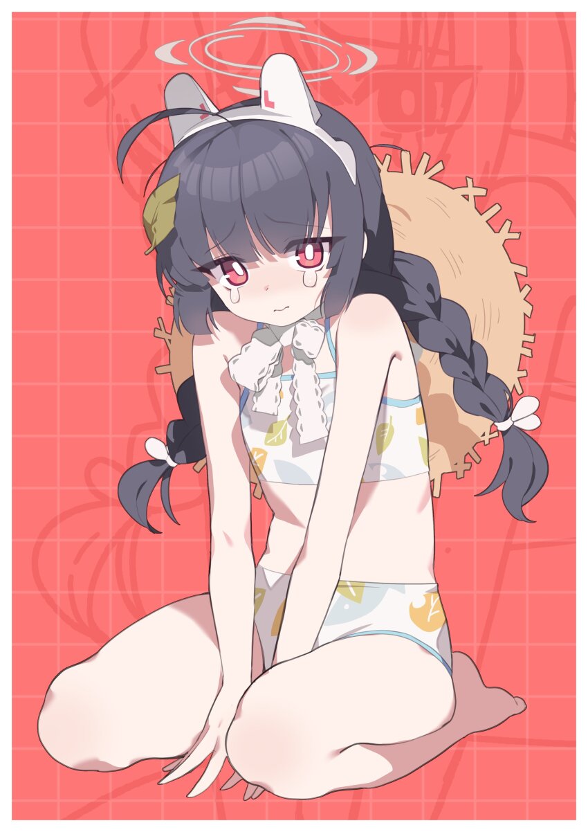 1girl, absurdres, ahoge, bikini, black_hair, blue_archive, brown_headwear, flat_chest