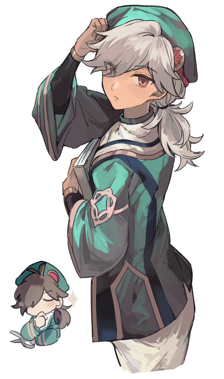 2boys, akademeia_uniform, beret, blush, book, character_request, chibi, closed_eyes