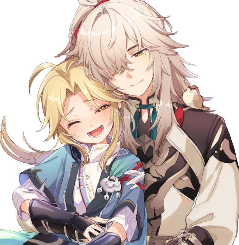 2boys, ahoge, armor, barn_swallow, bird, blonde_hair, blush, brown_eyes