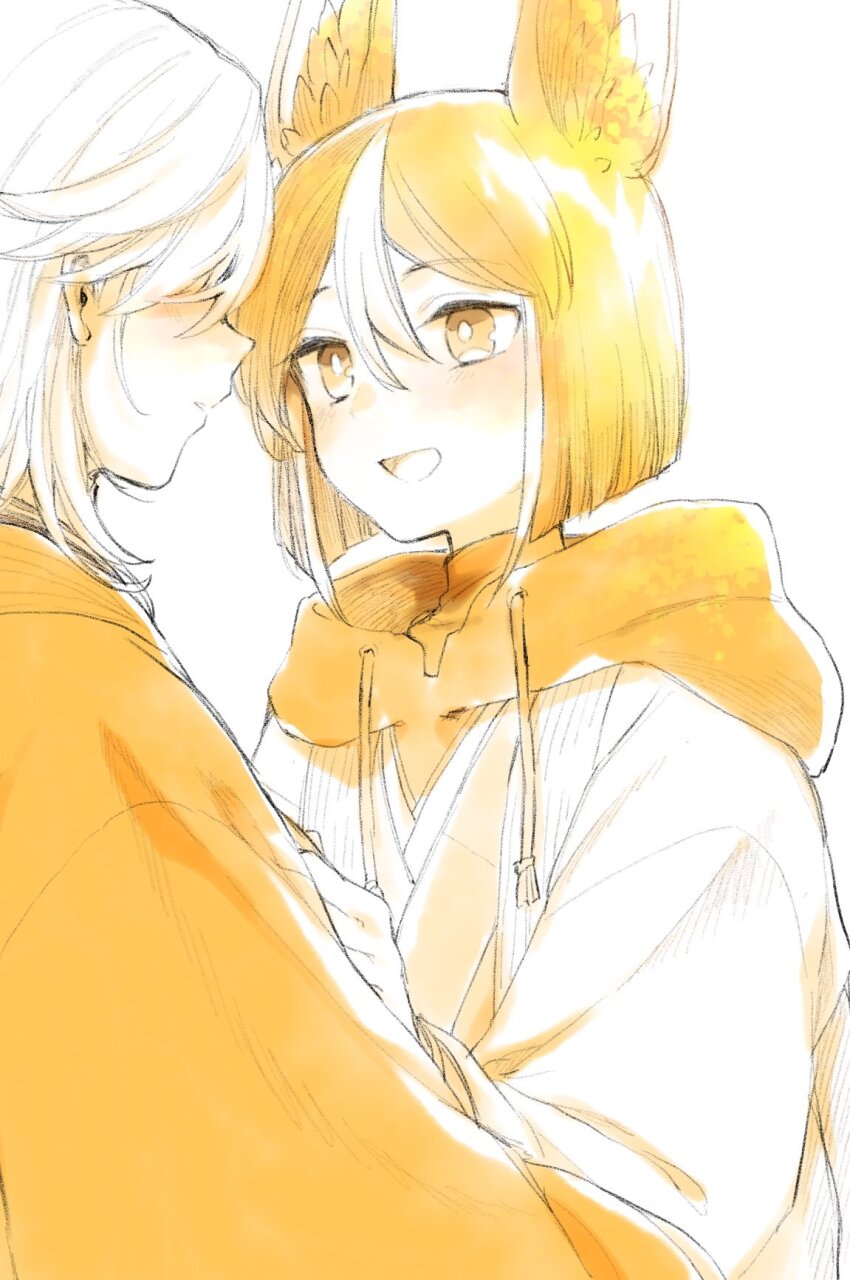 2boys, animal_ear_fluff, animal_ears, blush, cyno_(genshin_impact), drawstring, eye_contact, fox_boy