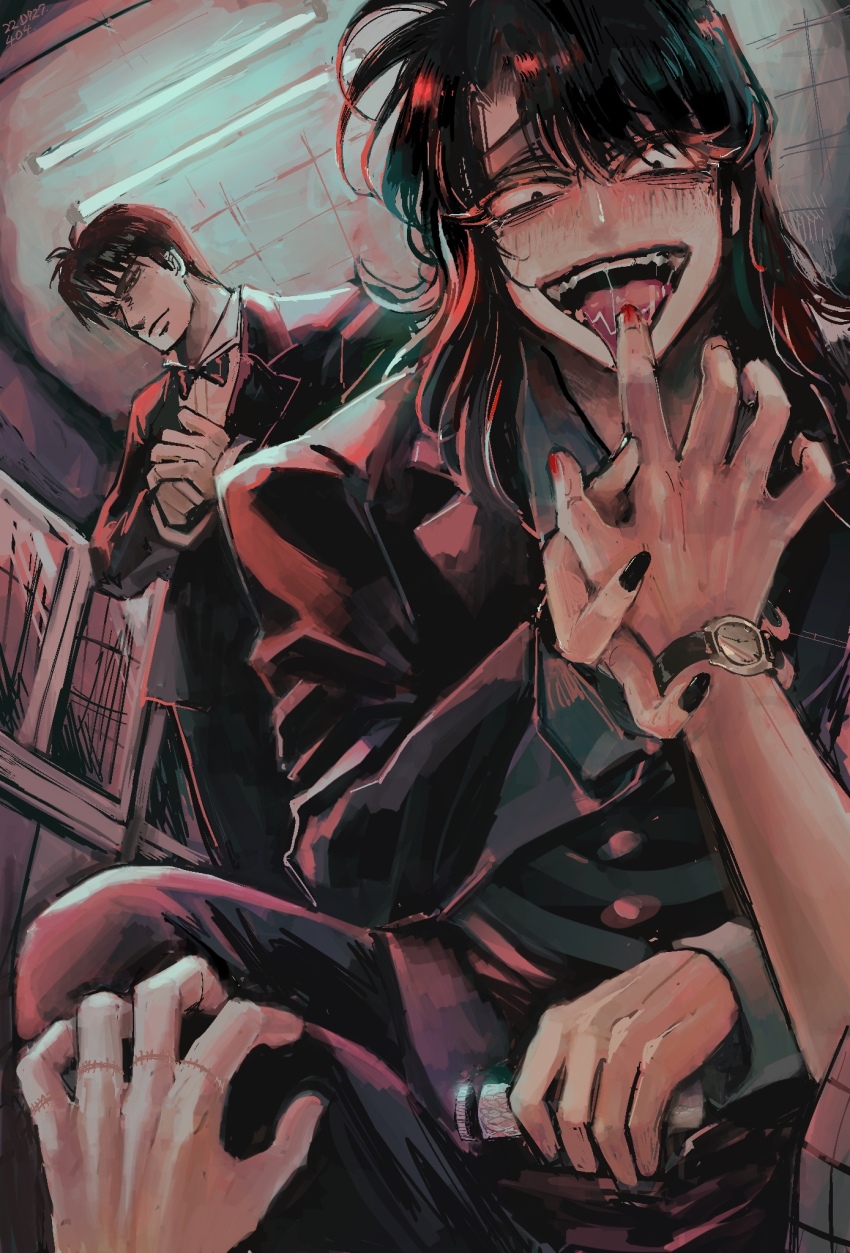 3boys, bags_under_eyes, black_bow, black_bowtie, black_eyes, black_hair, black_jacket, black_nails