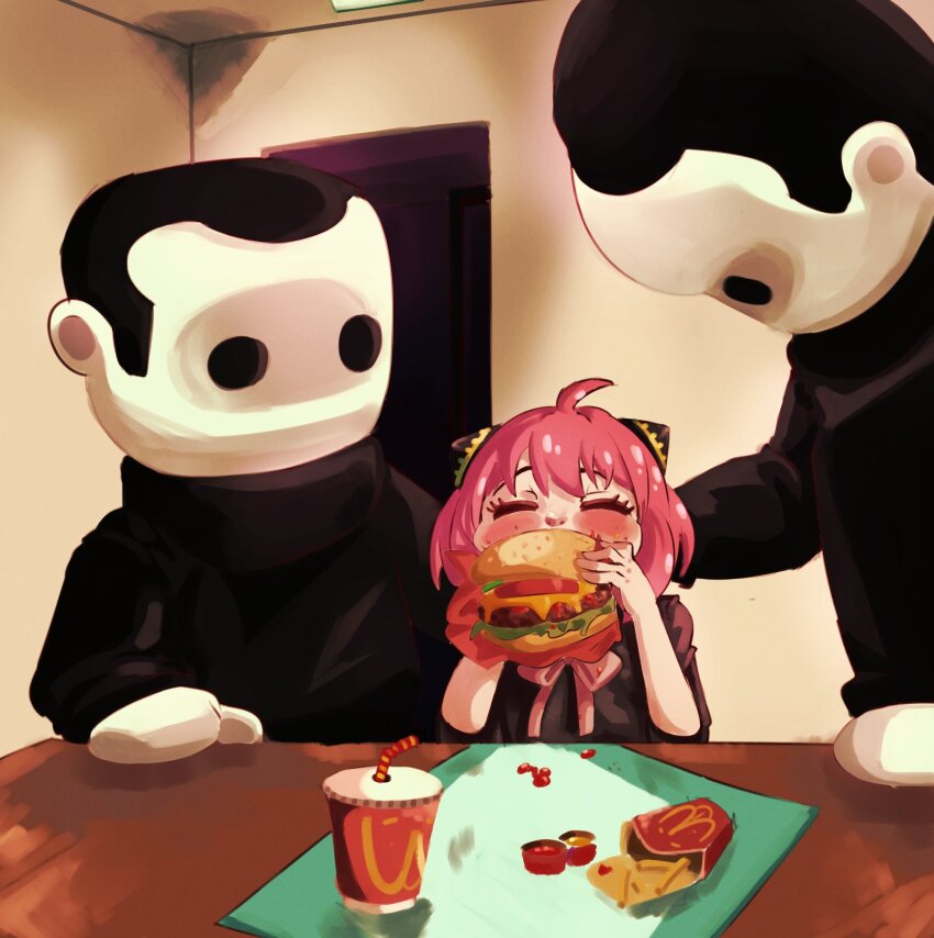 1girl, 2others, ^_^, ahoge, anya_(spy_x_family), bad_id, bad_twitter_id, blank_room_soup, blush, burger, child, closed_eyes, cone_hair_bun, cupperexe, food, french_fries, hair_bun, hairpods, happy, highres, horror_(theme), multiple_others, pink_hair, short_hair, spy_x_family, sunken_eyes, surrounded, wcdonald's