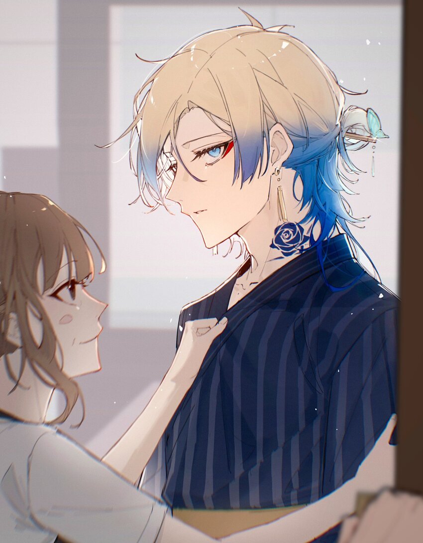 1boy, 1girl, black_eyes, blonde_hair, blue_eyes, blue_hair, blue_lock, blue_shirt