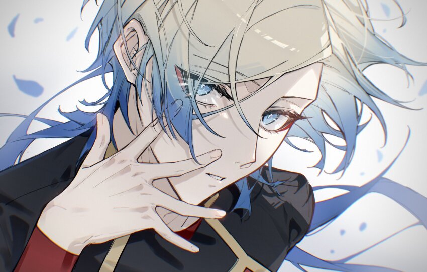 1boy, black_shirt, blonde_hair, blue_eyes, blue_hair, blue_lock, gradient_hair, hand_up
