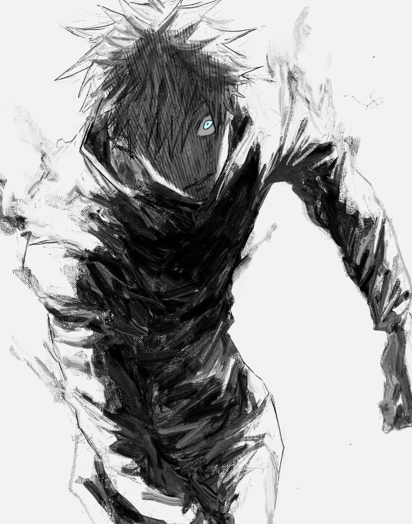 1boy, blue_eyes, cowboy_shot, gojo_satoru, greyscale, highres, jacket, jujutsu_kaisen