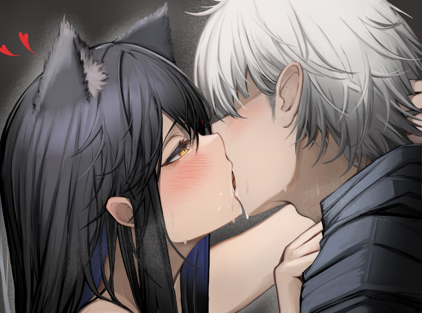 1boy, 1girl, animal_ear_fluff, animal_ears, arknights, black_hair, blush, commentary, doctor_(anime)_(arknights), doctor_(arknights), faceless, faceless_male, french_kiss, from_side, grey_background, half-closed_eyes, hand_on_another's_neck, heart, hetero, highres, kiss, male_doctor_(arknights), paid_reward_available, portrait, profile, saliva, simple_background, tab_head, texas_(arknights), white_hair, wolf_ears, yellow_eyes