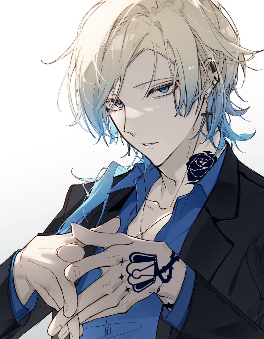 1boy, black_jacket, blonde_hair, blue_eyes, blue_hair, blue_lock, blue_shirt, collarbone