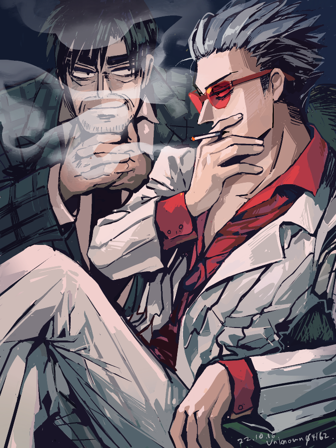 2boys, akagi:_yami_ni_oritatta_tensai, black_eyes, black_hair, black_necktie, cigarette, closed_mouth, commentary_request