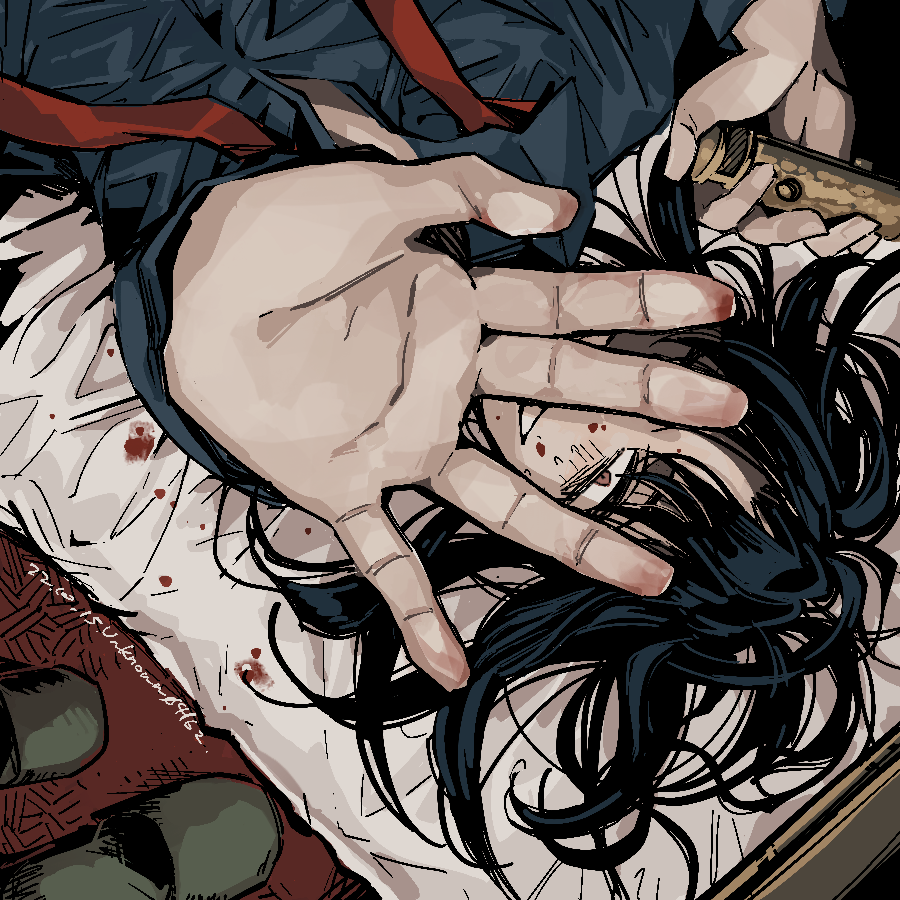 1boy, black_hair, blood, blood_splatter, blood_stain, brown_eyes, commentary_request, fingernail_torture_device