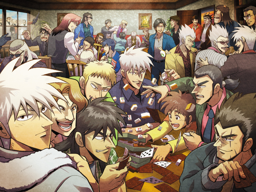 1girl, 6+boys, akagi:_yami_ni_oritatta_tensai, akagi_shigeru, belt, black_belt, black_eyes, black_gloves