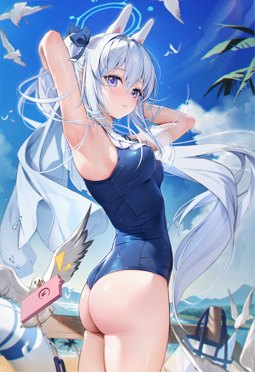 1girl, absurdres, animal_ear_headphones, animal_ears, armpits, arms_behind_head, arms_up, ass, bare_shoulders, beach, bird, blue_archive, blue_one-piece_swimsuit, blue_sky, blush, breasts, cellphone, fake_animal_ears, frilled_one-piece_swimsuit, frills, halo, high_side_ponytail, highres, houkisei, innertube, lifebuoy, long_hair, looking_at_viewer, looking_back, medium_breasts, miyako_(blue_archive), miyako_(swimsuit)_(blue_archive), off-shoulder_one-piece_swimsuit, off_shoulder, official_alternate_costume, one-piece_swimsuit, phone, purple_eyes, rabbit_ear_headphones, rabbit_ears, railing, seagull, side_ponytail, sidelocks, sky, smartphone, solo, swim_ring, swimsuit, thighs, white_hair, wooden_railing