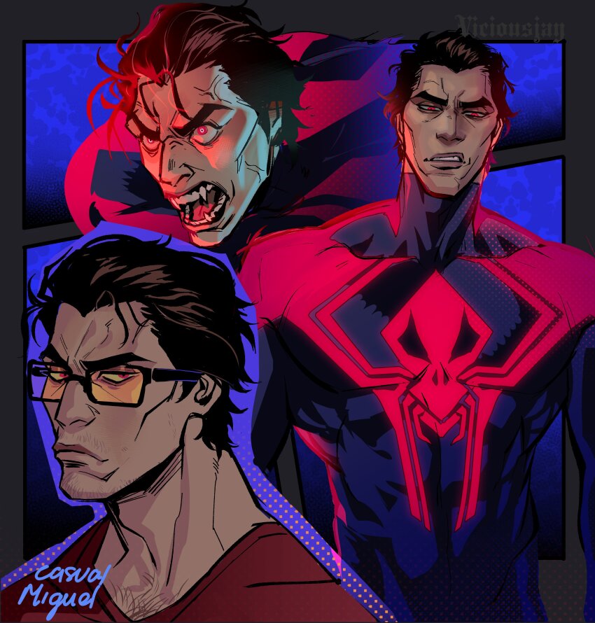 absurdres, animal_print, bara, bespectacled, blue_bodysuit, bodysuit, brown_hair, casual, dark-skinned_male, dark_skin, fangs, glasses, hair_slicked_back, hair_strand, highres, large_pectorals, lips, male_focus, marvel, mature_male, miguel_o'hara, multicolored_bodysuit, muscular, muscular_male, pectorals, print_bodysuit, red_bodysuit, red_eyes, short_hair, spider-man:_across_the_spider-verse, spider-man_(2099), spider-man_(series), spider-verse, spider_print, thick_eyebrows, two-tone_bodysuit, viciousjay