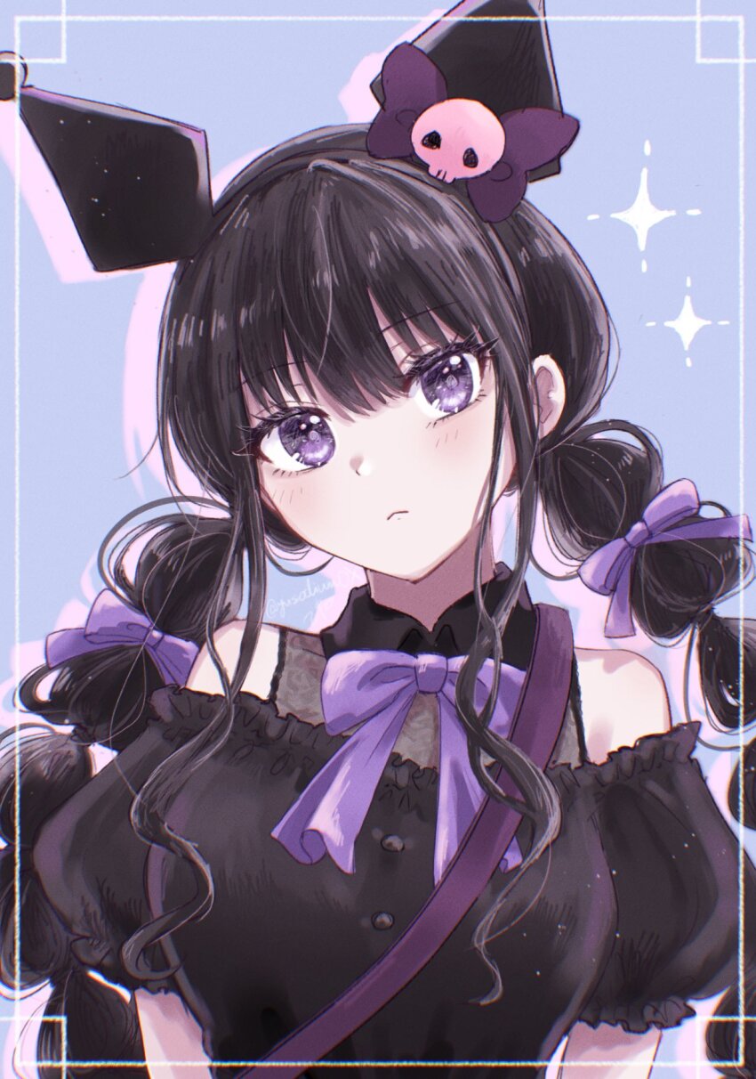1girl, black_dress, black_hair, blue_background, blush, bow, bowtie, braid