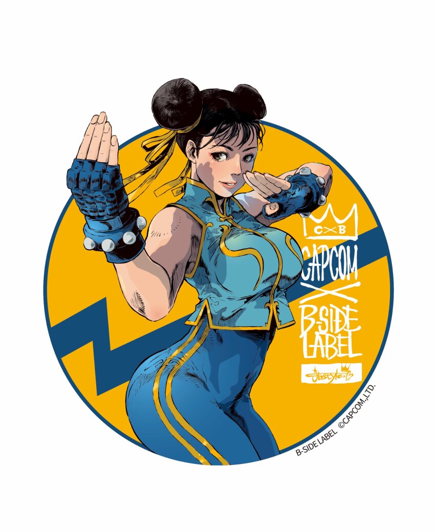 bracelet, capcom, chun-li, circle, hair_buns, highres, jbstyle, jewelry, spiked_bracelet, spikes, street_fighter, street_fighter_zero_(series)