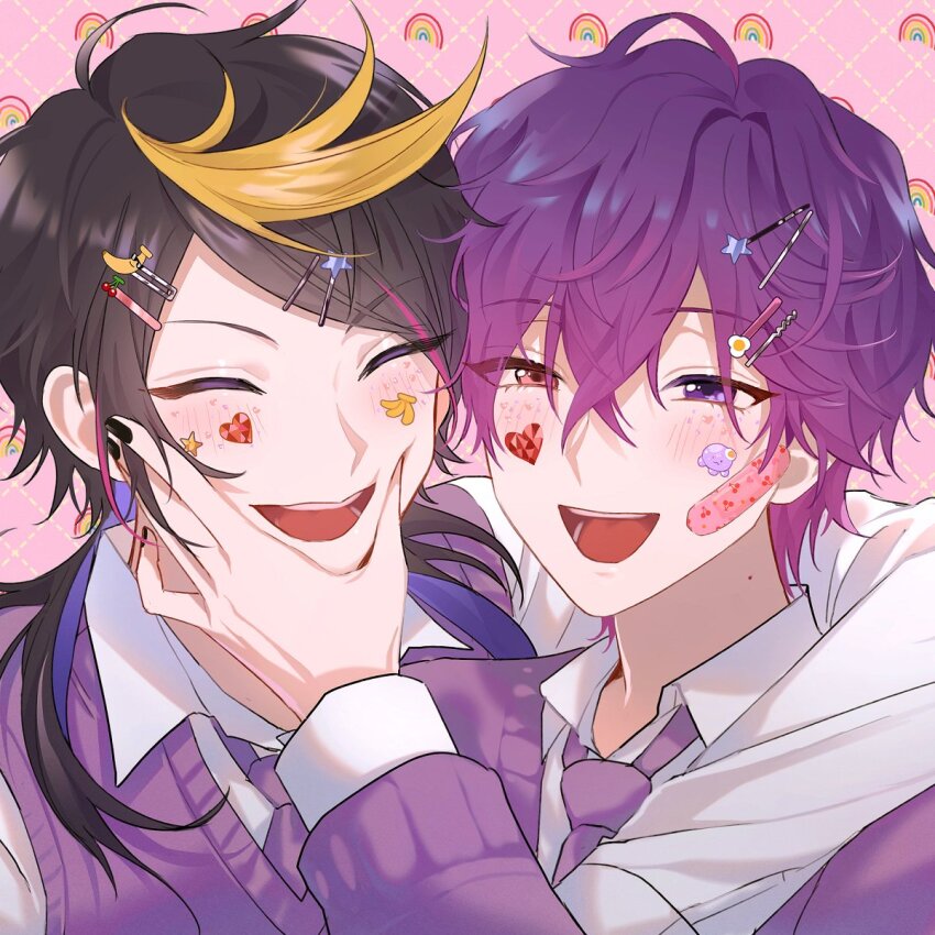 2boys, :d, ^_^, arm_around_shoulder, bandaid, bandaid_on_cheek, bandaid_on_face, black_hair, black_nails, blonde_hair, blush, cheek_pinching, closed_eyes, collared_shirt, commentary, cool_banana_(polygonal_mind), crossed_bangs, english_commentary, fingernails, gradient_hair, hair_between_eyes, hair_ornament, hair_over_shoulder, hairclip, hand_on_own_face, hand_up, heart, heterochromia, highres, long_hair, long_sleeves, looking_at_viewer, male_focus, mole, mole_on_neck, multicolored_hair, multiple_boys, nail_polish, necktie, nijisanji, nijisanji_en, open_mouth, parted_bangs, pinching, pink_background, pink_eyes, pink_hair, polygonal_mind, purple_eyes, purple_hair, purple_necktie, purple_sweater, purple_sweater_vest, purple_vest, rainbow, school_uniform, shirt, shu_yamino, sidelocks, simple_background, smile, star_(symbol), star_hair_ornament, stargazer_(uki_violeta), sticker, sticker_on_face, streaked_hair, sweater, sweater_vest, teeth, tongue, uki_violeta, upper_body, vest, virtual_youtuber, white_shirt, wing_collar, yongcheol