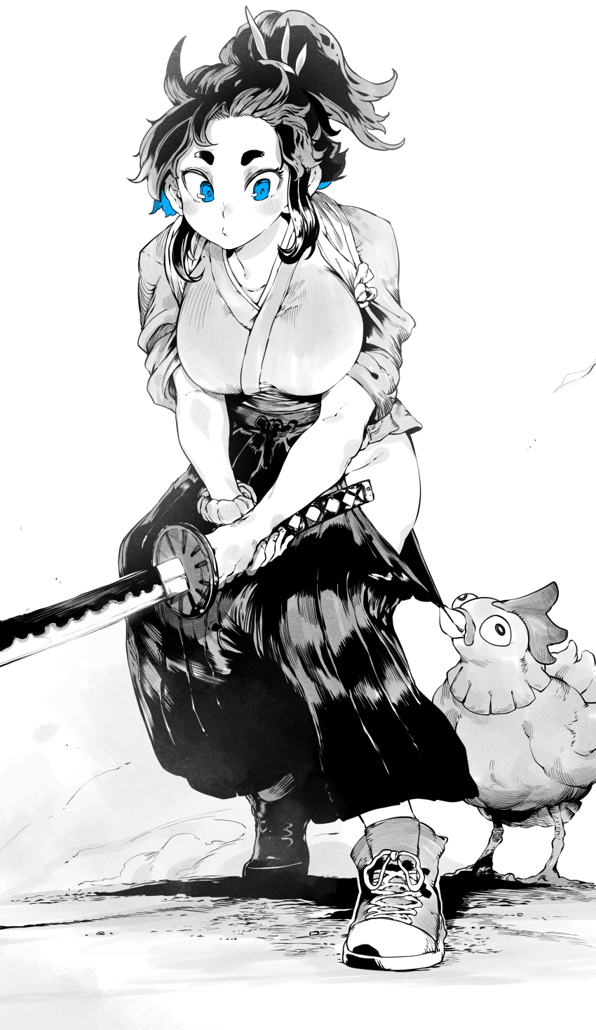 1girl, :>, absurdres, bird, black_hair, blue_eyes, blue_hair, blush, borrowed_character, breasts, chicken, clothing_cutout, full_body, hakama, highres, hip_vent, holding, holding_sword, holding_weapon, japanese_clothes, katana, knights_of_the_wandering_castle, lady_kitakaze_no_shodan, large_breasts, long_hair, multicolored_hair, niwarhythm, no_panties, ponytail, samurai, scrunchie, shoes, short_eyebrows, sleeves_pushed_up, sneakers, solo, spot_color, sword, two-tone_hair, weapon, wrist_scrunchie