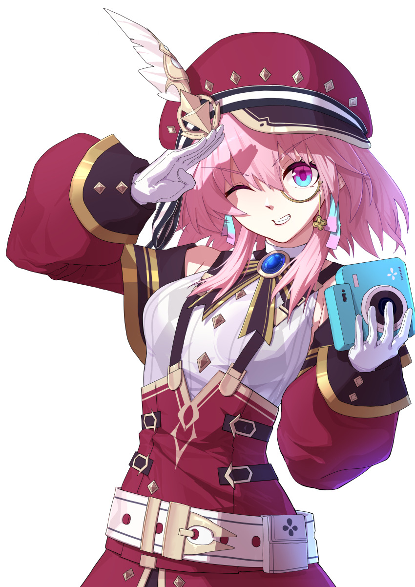 1girl, absurdres, bare_shoulders, blue_eyes, blue_gem, breasts, camera, charlotte_(genshin_impact)