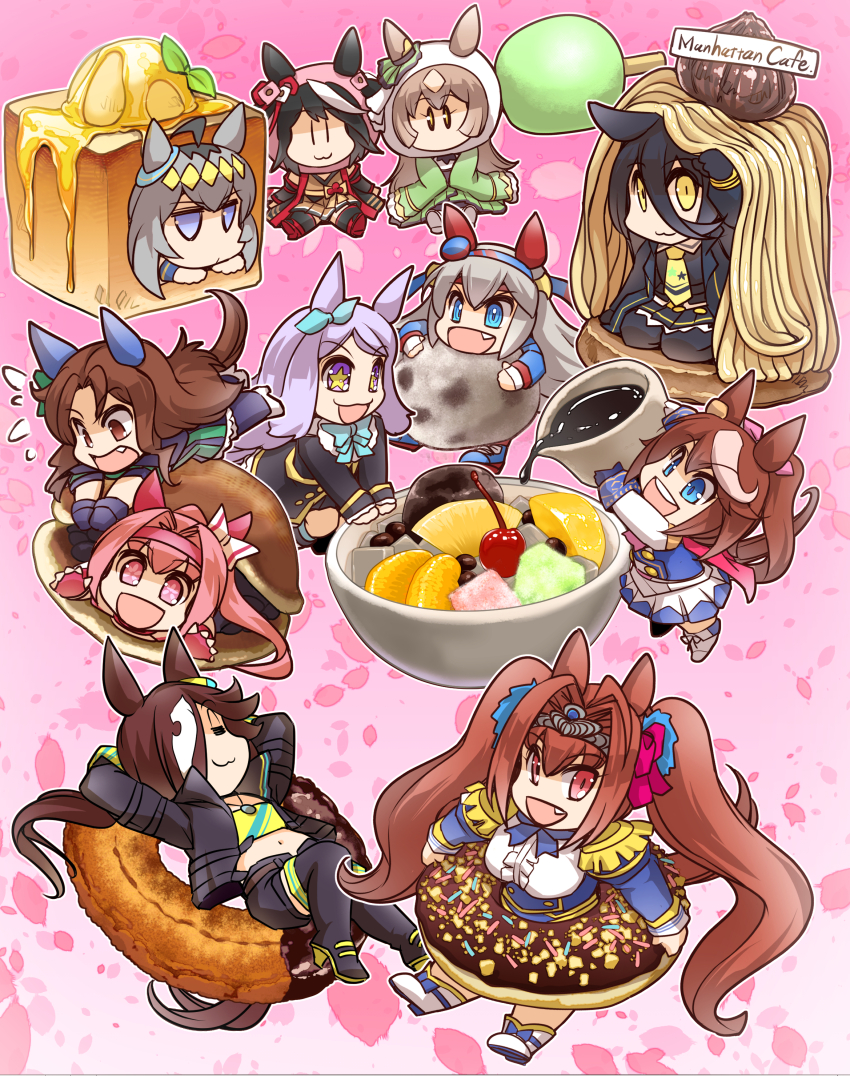 6+girls, :3, absurdres, aged_down, ahoge, animal_ears, anmitsu_(dessert), aqua_bow