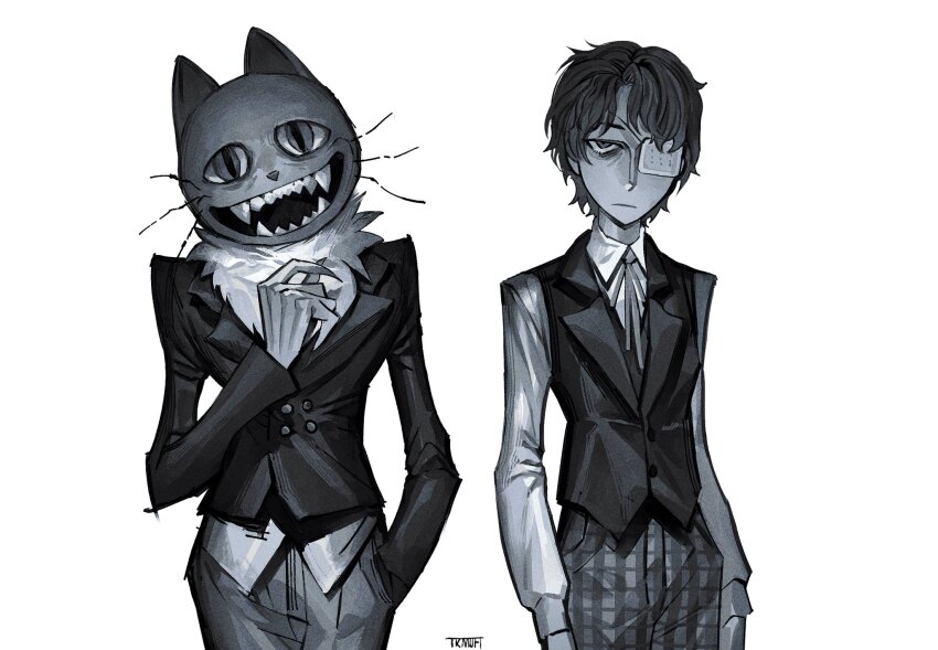 2boys, artist_name, buttons, cat_mask, closed_mouth, coat, commentary, cowboy_shot