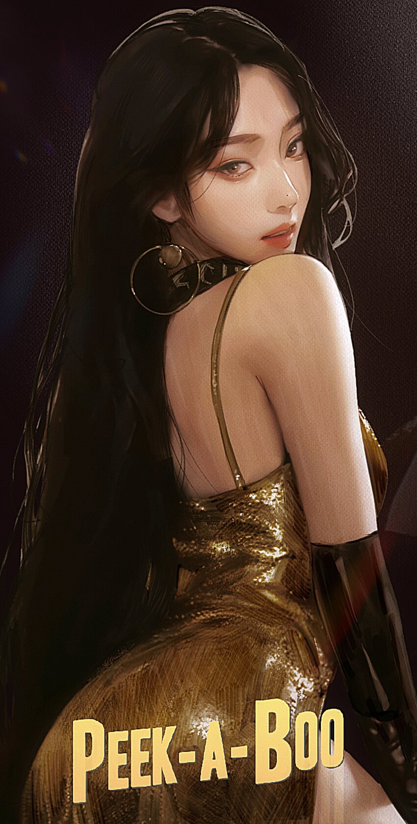 1girl, absurdres, ass, black_choker, black_gloves, black_hair, brown_eyes, choker, dress, elbow_gloves, from_behind, gloves, gold_dress, highres, joy_(red_velvet), k-pop, long_hair, looking_at_viewer, nagamerin, parted_lips, real_life, realistic, red_velvet_(group), smile, solo, song_name, very_long_hair