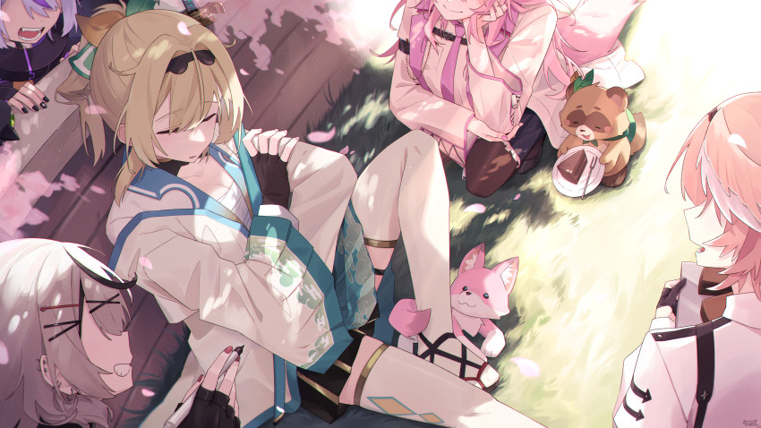 5girls, absurdres, against_wall, black_nails, blonde_hair, cake, fingerless_gloves, food