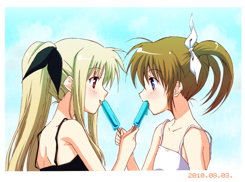 2girls, blonde_hair, blue_eyes, brown_hair, fate_testarossa, food, hair_ribbon, licking