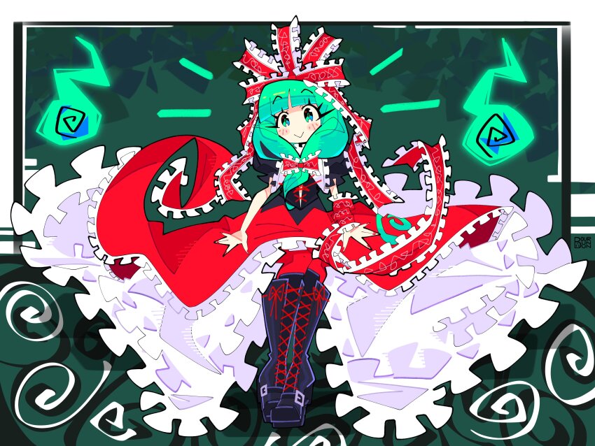 1girl, :>, absurdres, black_boots, blunt_bangs, boots, bourbunbun, bow