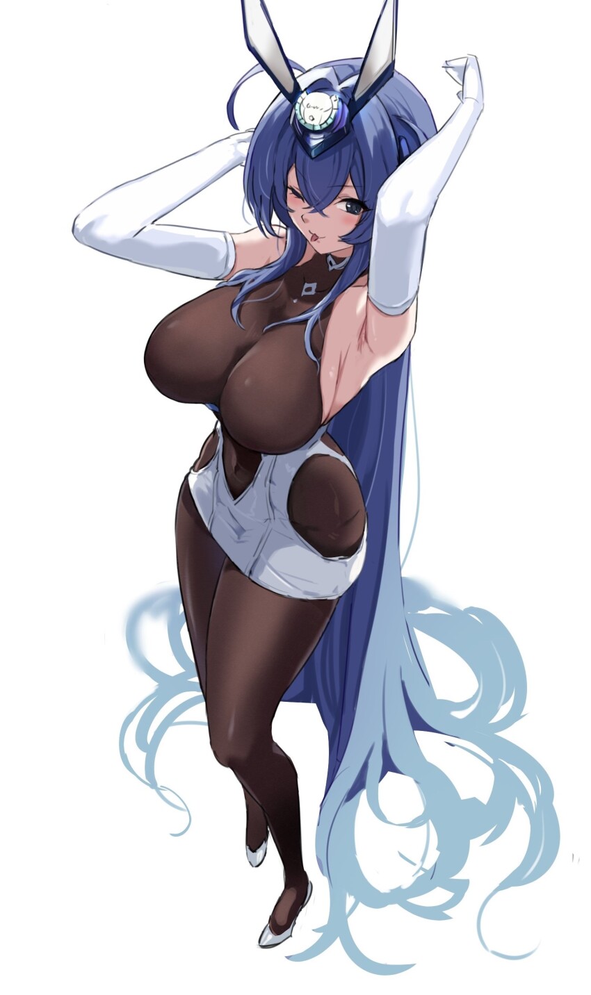 1boy, 8_(mmm_st_bbb), ;p, absurdly_long_hair, absurdres, armpits, arms_up, azur_lane, bare_shoulders, blue_eyes, blue_hair, bodystocking, breasts, covered_navel, crossed_bangs, elbow_gloves, from_above, full_body, glance, gloves, hair_between_eyes, hair_ornament, highres, large_breasts, long_hair, looking_at_viewer, looking_up, miniskirt, new_jersey_(azur_lane), one_eye_closed, shoes, simple_background, skirt, solo, tongue, tongue_out, very_long_hair, white_background, white_gloves, white_shoes, white_skirt