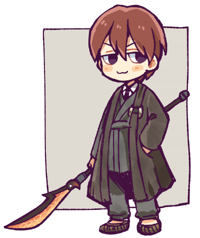 1boy, :3, amrita_(e.g.o), black_eyes, brown_coat, brown_shoes, closed_mouth, coat